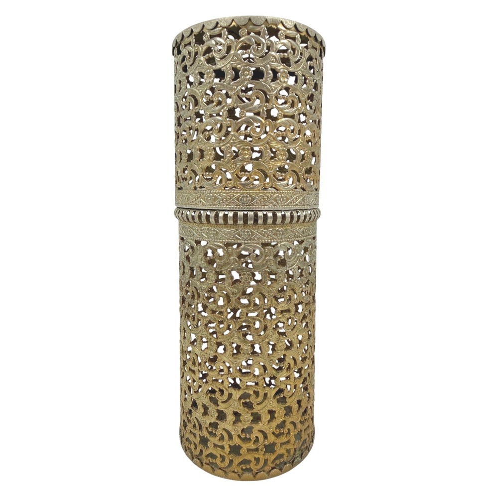 Vintage 1950's Gold Hair Spray Cover with Filigree Scrollwork Metal Canister - Picture 4 of 10